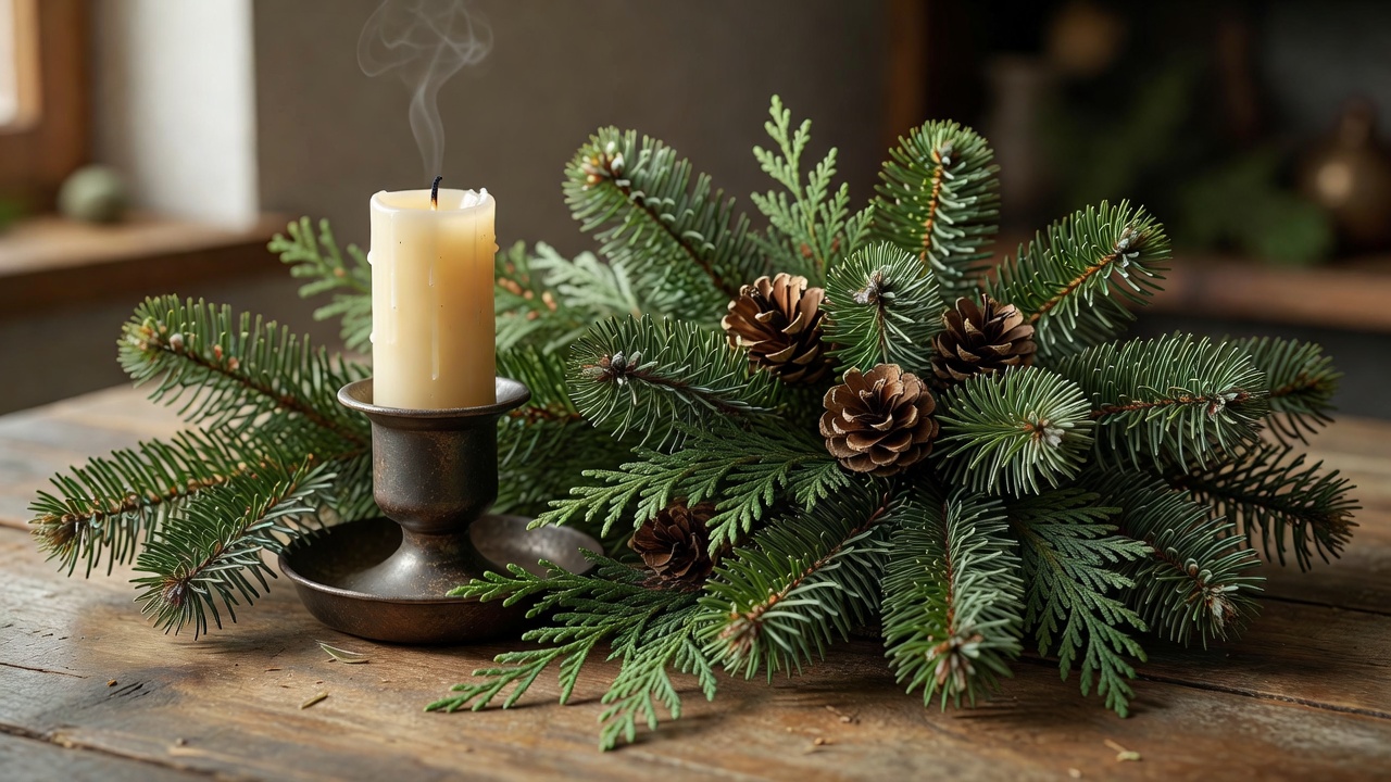 Close-up of a candle holder beside evergreen foliage arranged carefully on a table