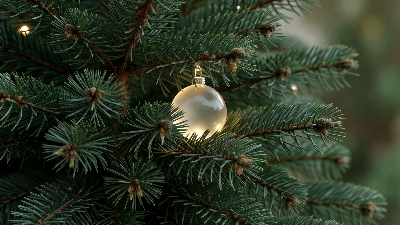 Evergreen tree branches with a softly lit ornament nestled among the needles