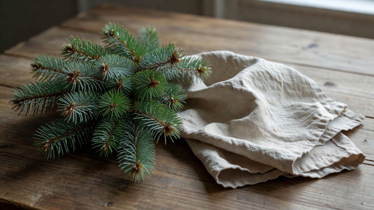 A simple holiday table detail with evergreen sprigs resting beside folded natural fabric