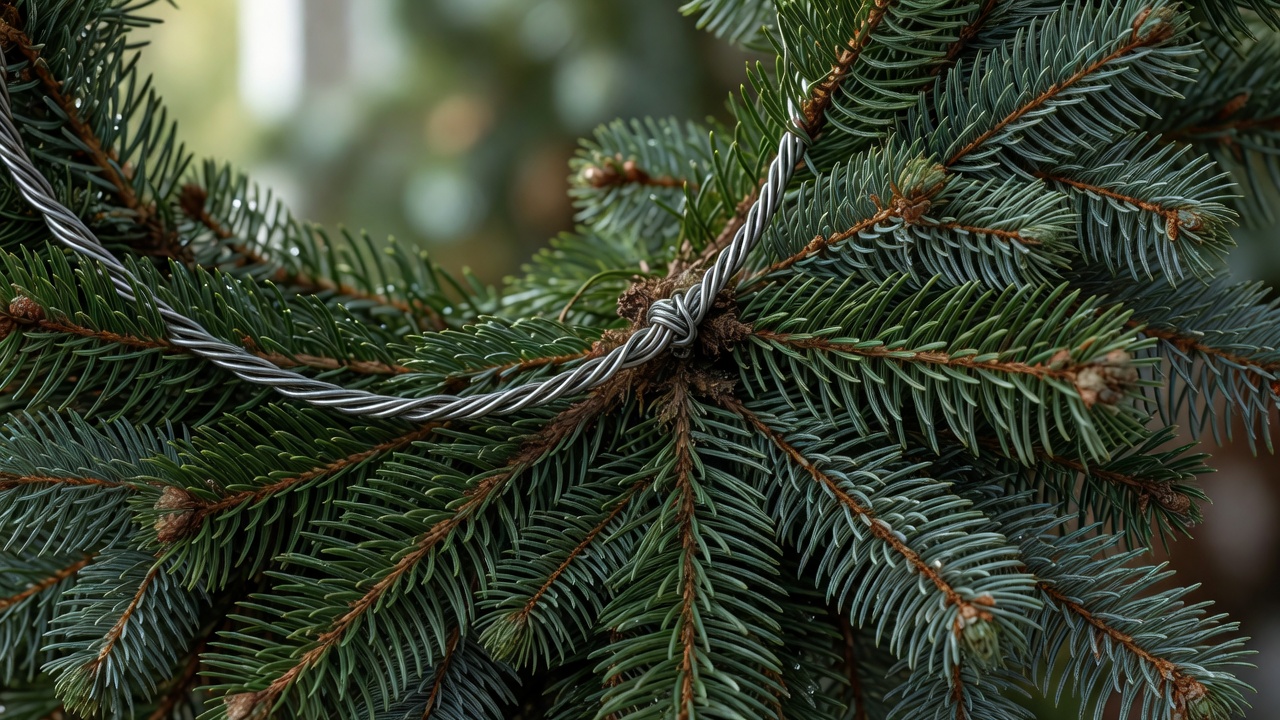Close detail of wreath wire binding evergreen stems together